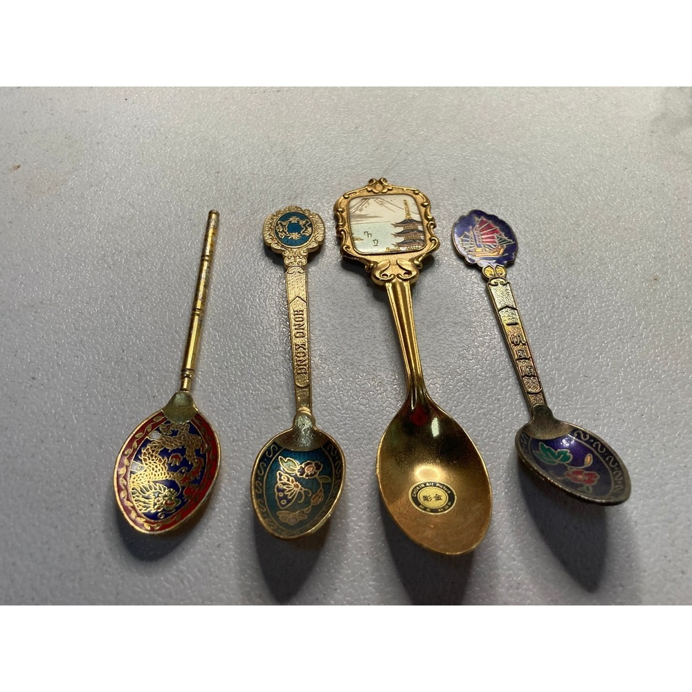 Vintage Asian Souvenir Spoon Set Cloisonne Enamel Hong Kong Japan Dragon 4pc